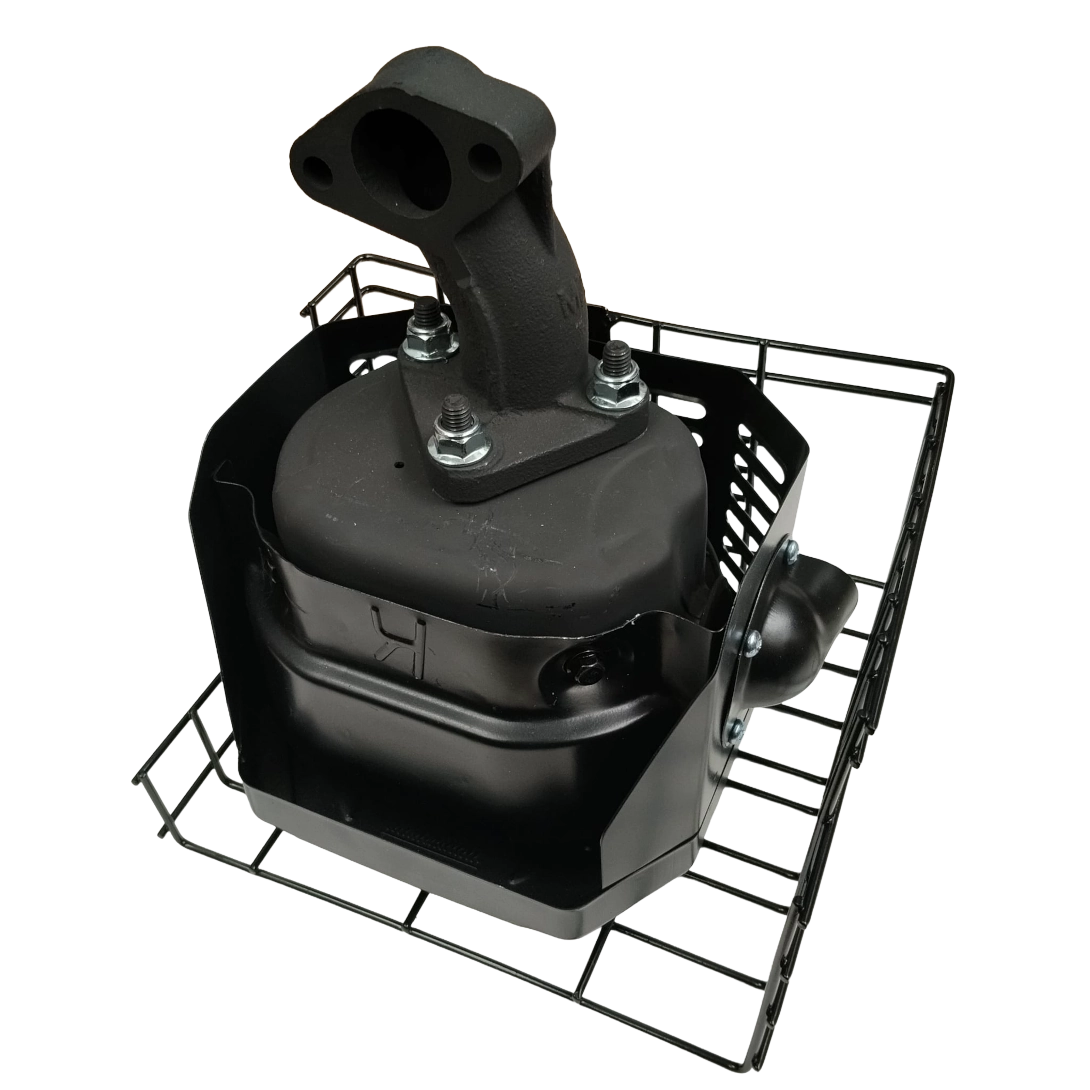 Order a A complete, genuine replacement engine exhaust silencer muffler assembly, including the protective steel mesh safety grill guard for the Titan Pro TP690 Flail Mower.